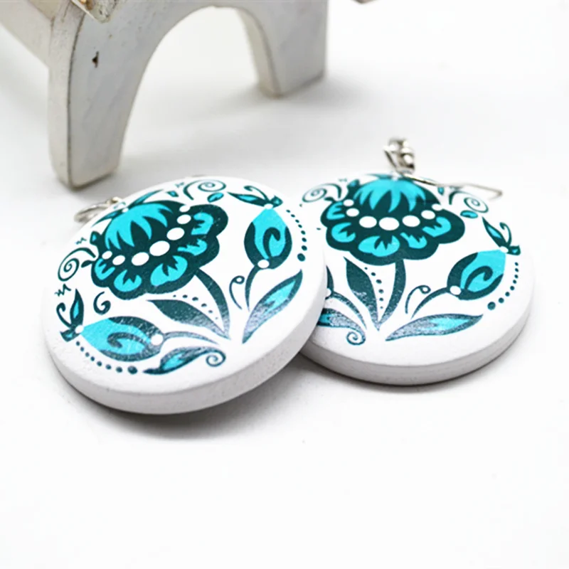 Женские круглые серьги YULUCH белые деревянные ручной работы с принтом модный