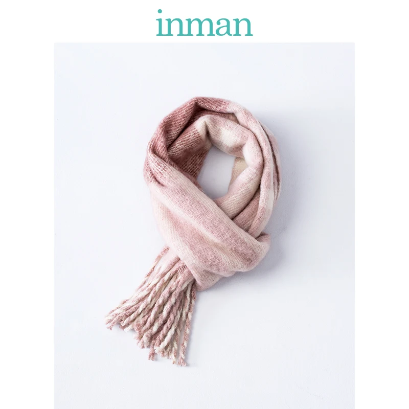 Женский шарф INMAN теплый клетчатый контрастного цвета с кисточками в Корейском