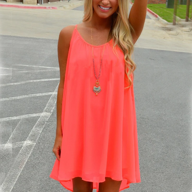 Женское летнее Мини Платье Пляжное повседневное сексуальное шифоновое платье на