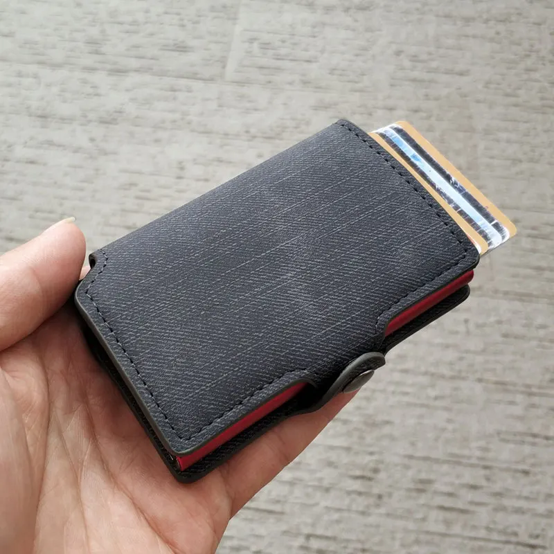 black and red alloy RFID Блокировка ковбойский кредитный ID держатель для карт Ретро винтажный алюминиевый джинсовый кожаный бумажник чехол для карт мини кошелек для мужчин и женщин - Цвет: black and red alloy