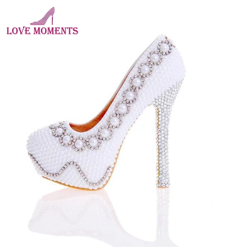 

Designer Pearl Shoes in White and Ivory Wedding Party High Heel Shoes with Silver Rhinestone Luxurious Prom Pumps Plus Size