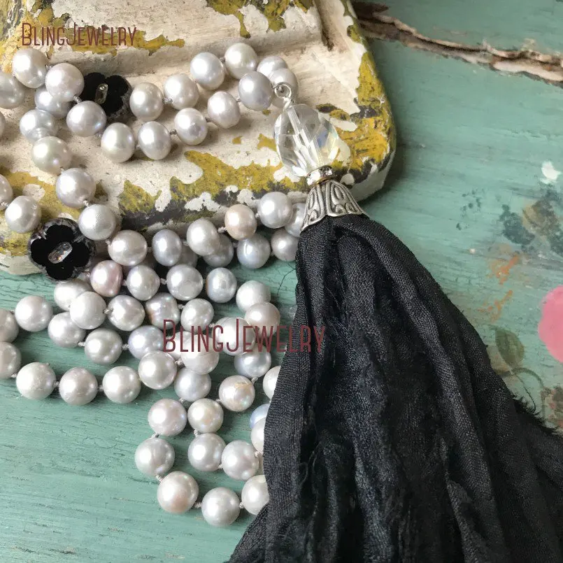 Black Sari Silk Tassel Pendant Necklace Shell Pearls Necklace Women Long Layering Necklace Knot Beads Necklace NM11289