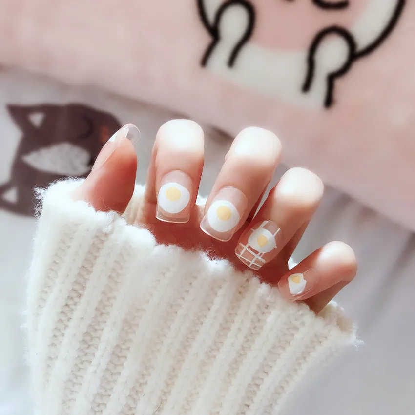 24 Pcs Cute Girls Egg Short False Nails Kawaii Transparent Fake Nails Fashion Simple With Glue Sticker