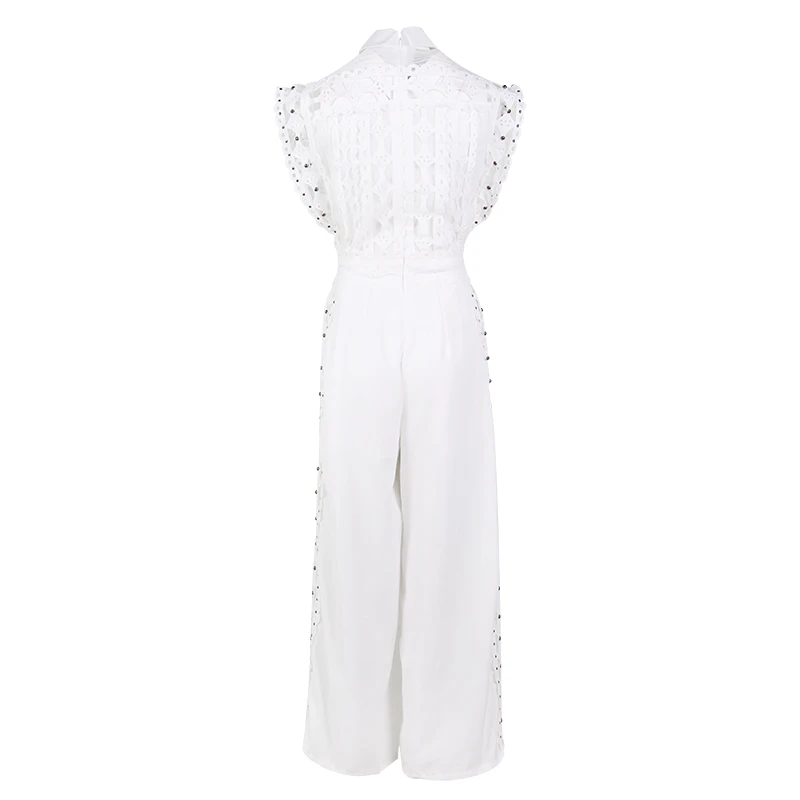 TWOTWINSTYLE Hollow Out Jumpsuits For Women Beading Sleeveless High Waist Wide Leg Pants Female Summer Korean Fashion New