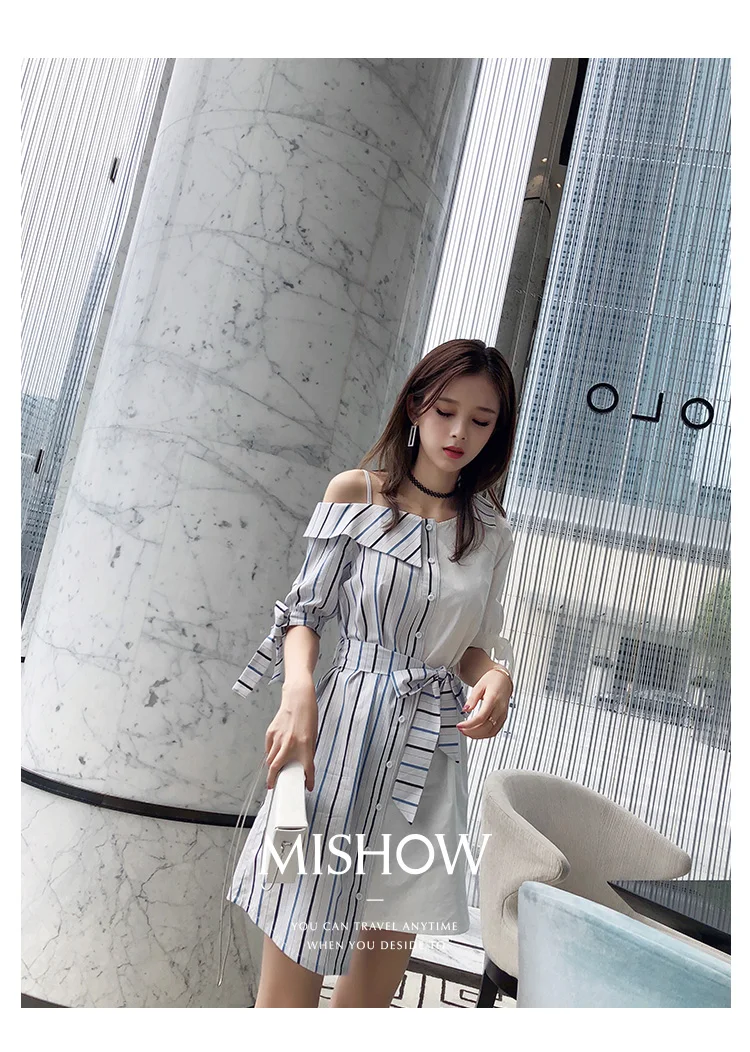 Mishow Модное женское платье с открытыми плечами+ поясом MX18B1274