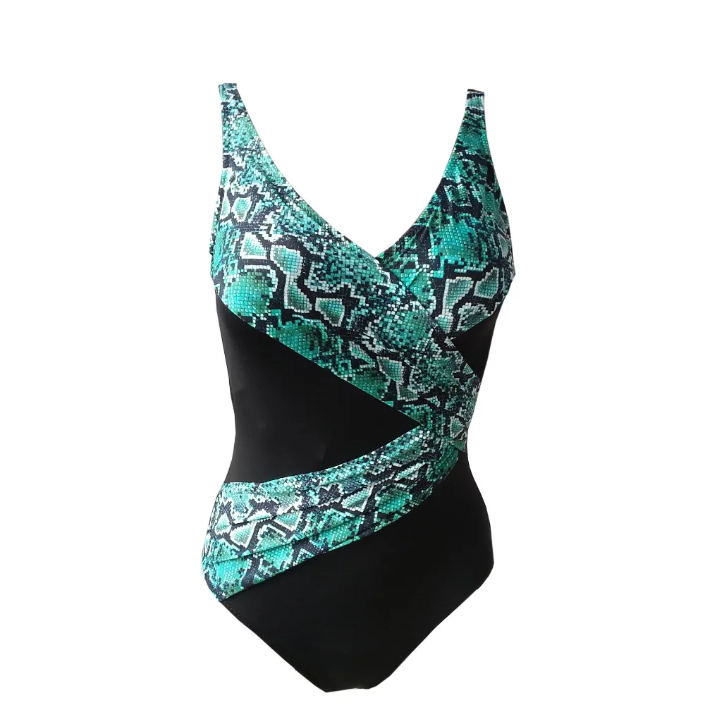 Купальник большого размера Женский цельный костюм полосатый принт черный