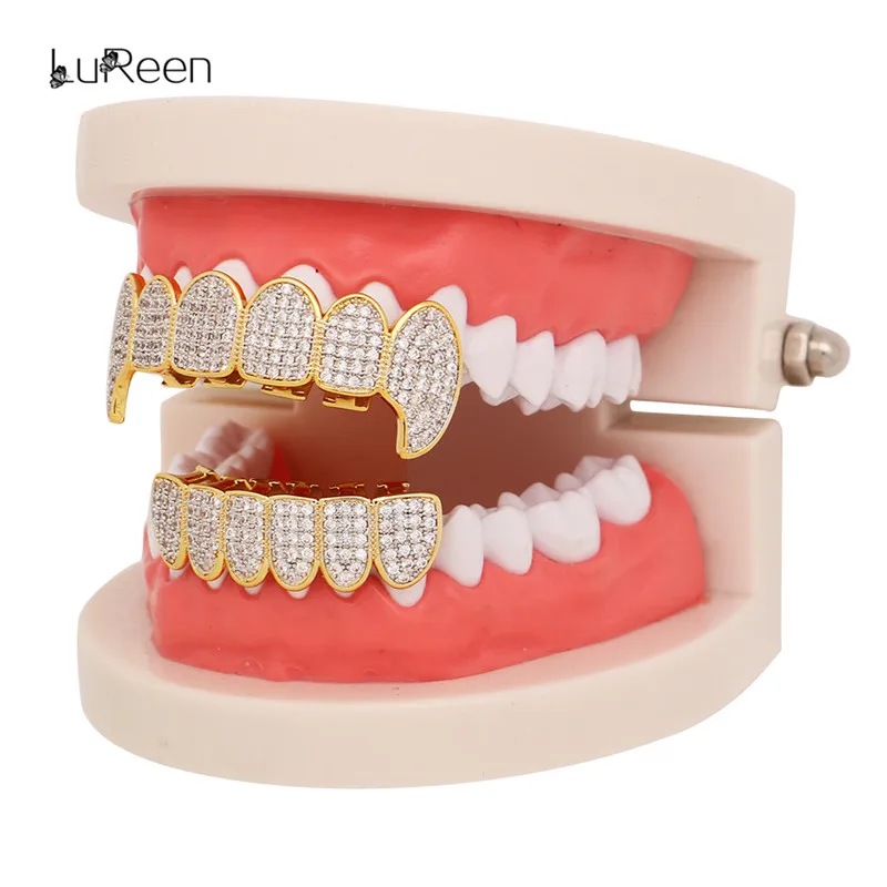 LuReen микро Pave кубический циркон золотые зубы гриллстоп и дно Iced Out грили стоматологический вампир Клык грили ювелирные изделия