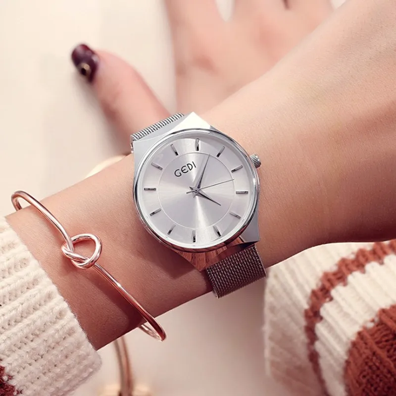 2018 GEDI Брендовые Часы из нержавеющей стали с золотым сетчатым ремешком кварцевые