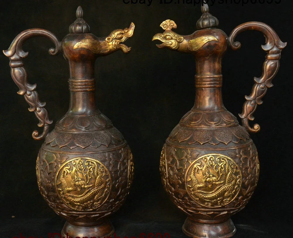 

Старая китайская Бронзовая позолоченная голова дракона Феникса Loong винный чайный горшок с флаговым чайником пары