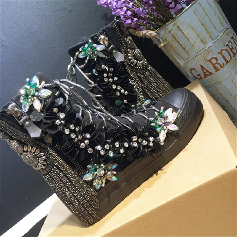 Черный мелкой Bling цветок украшения из металла кисточкой Для женщин канва Обувь