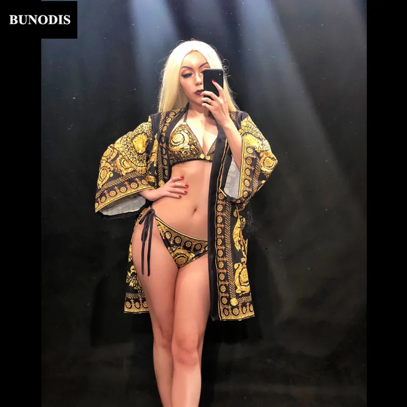 ZD187 Gold Flower Printing Bikini+Coat Women Sexy Bling Clothing Fashion Show Stage Wear Costumes Beach Party Bodysuit