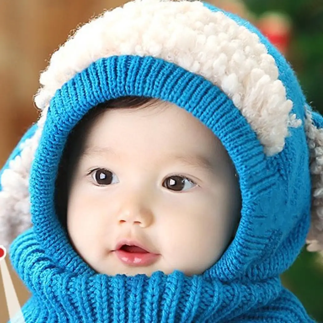 Winter Baby Hat and Scarf Joint With Dog Style Crochet Knitted Caps for Infant Boys Girls Children New Fashion Kids Neck Warmer | Детская