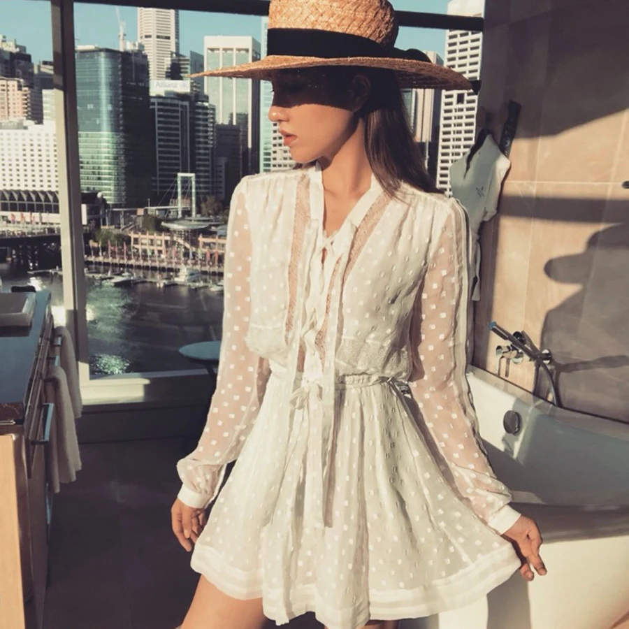 TEELYNN boho женские белые комбинезоны в горошек шифоновые кружевные с длинными