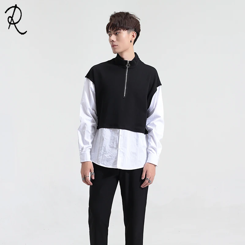 XS-5XL 2018 Men's clothing Male HiP hop Street fake two pieces stitching long-sleeve shirt new arrival plus size Singer costumes