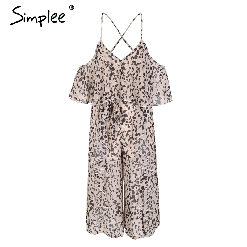 beige print Женский шифоновый комбинезон Simplee на бретелях, ромпер с оборками, принтом, открытыми плечами и широкими штанинами, летние пляжные комбинезоны - Цвет: beige print