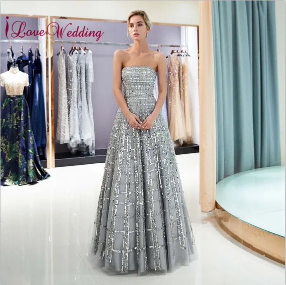 Silver ILoveWedding Искрящимся Бисером Кристалл Line без бретелек молния сзади торжественное длинное вечернее платье Vestido de festa longo - Color: Silver