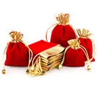 Бархатные мешочки 5 шт.лот разных размеров красного и золотого цвета, 7x9, 9x12, 12x16 см, подарочные мешочки из органзы на шнурке, свадебные украшения