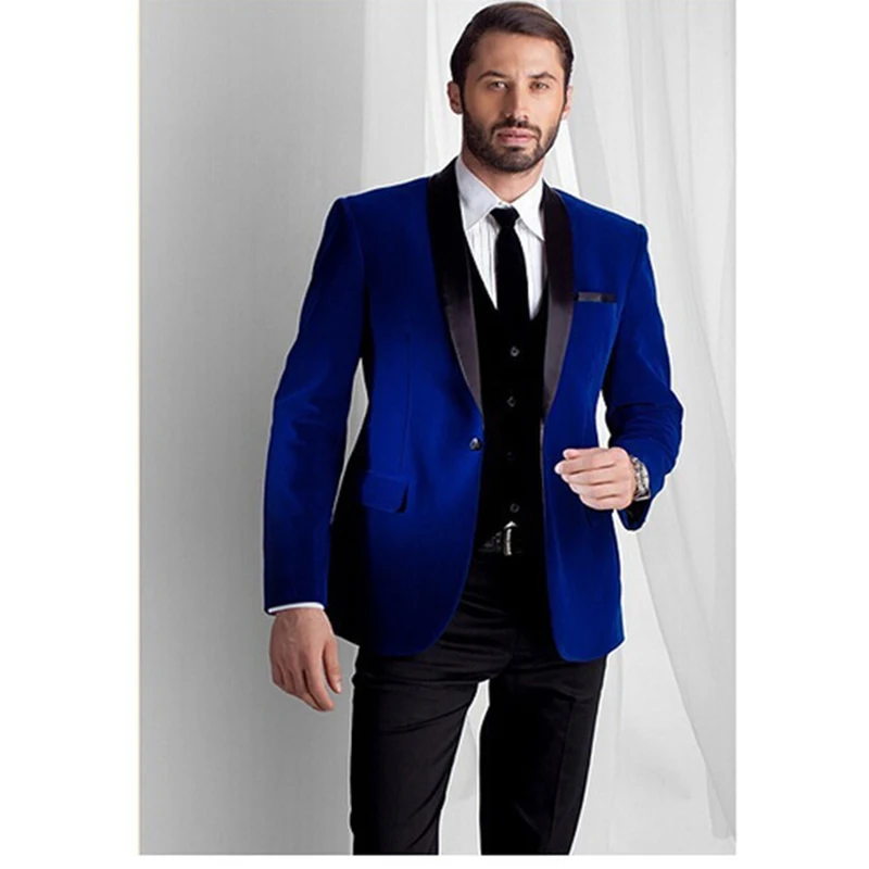 

Новый Модный Королевский синий бархатный пиджак смокинги для жениха черный отворот Лучший мужской костюм для выпускного вечера мужские костюмы смокинги (пиджак + брюки + жилет)