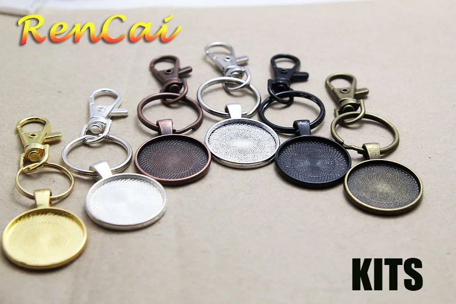 

10kits 25mm Round Blank Pendant Key Chains Pendant Trays Included Lobster/Glass/Spilt Ring For DIY Cabochons Cameo Jewelry Craft