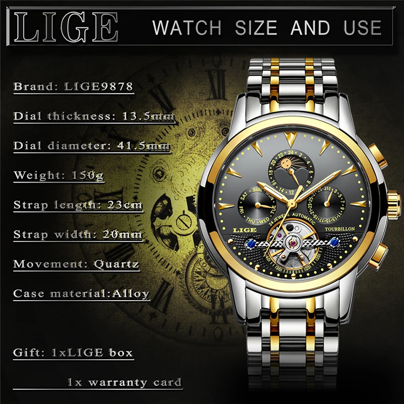 Мужские часы LIGE Лидирующий бренд Роскошные мужские модные бизнес Tourbillon