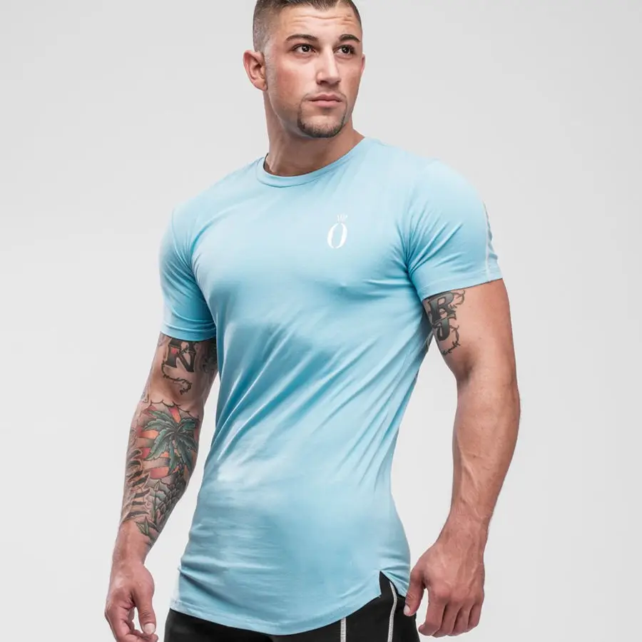 Light blue Летняя новинка, мужская хлопковая обтягивающая футболка с коротким рукавом для тренажерного зала, фитнеса, бодибилдинга, тренировок, футболки, топы, Мужская брендовая одежда для кроссфита - Цвет: Light blue