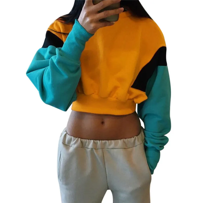 

2019 New hip hop Women Long Sleeve Loose Hoodie Crop Top Spring Autumn Patchwork color Orange Hoodies Sweatshirt