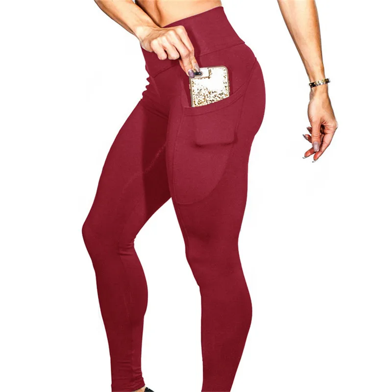 New Pockets Leggings for Women 2019 Stretch Hip Push Sport Solid Legging Ladies Gym Pants Plus Size Trousers Black Red Blue Red