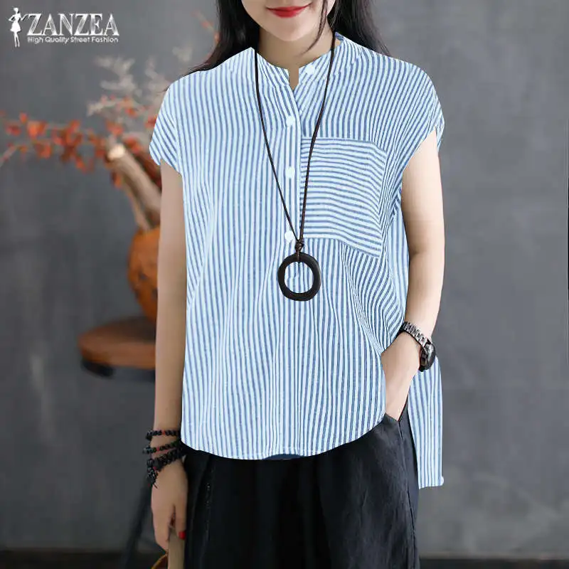 Blue Stripe Женская летняя блузка, ZANZEA, рабочая блуза, льняная рубашка, кафтан, повседневная, короткий рукав, топы, одноцветная, Camisas Mujer, размера плюс, туника - Цвет: Blue Stripe