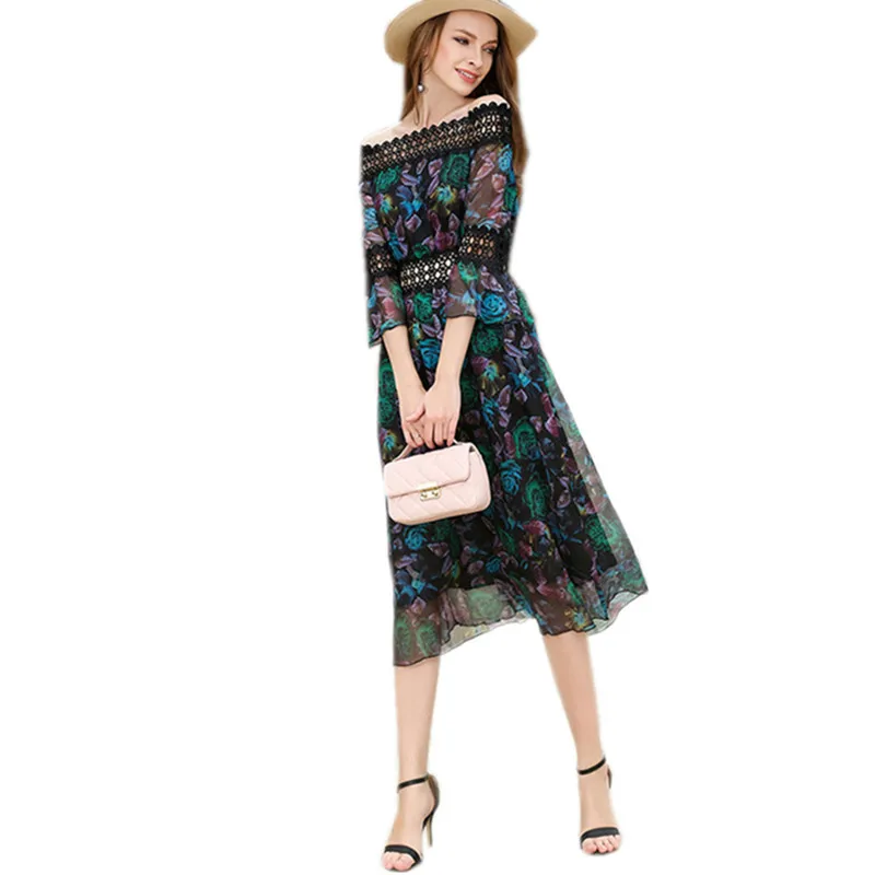 Высокое качество шелковое платье Новое поступление 2017 года мода печатных