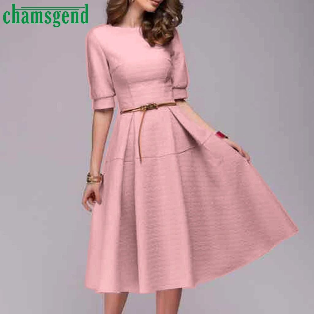 Chamsgend/женское платье с коротким рукавом и круглым вырезом; однотонное платье; Femme Vestido Feminino; винтажное элегантное платье трапециевидной формы для работы и офиса; Abiti Donna