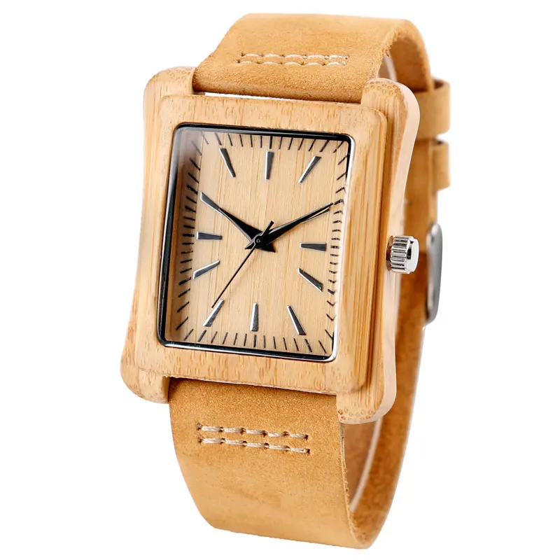 

2020 Unisex Bamboo Wooden Watches Rectangle Dial Luxury Genuine Leather Mens Nature Wood Wristwatch Male Relogio as Gifts