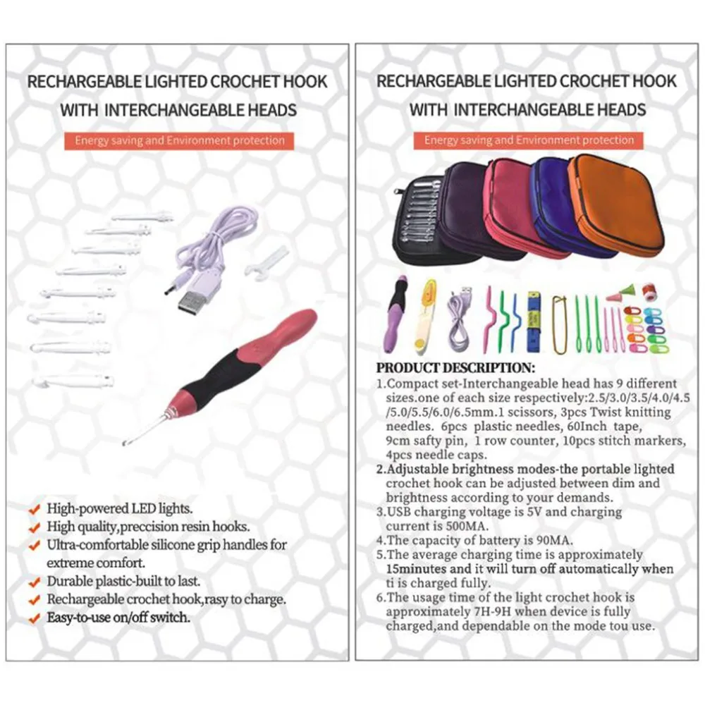 Rechargeable Lighted Crochet Hook Kit LED Lighting Knitting Needles 9 Sizes Hooks Replaceable Top Sewing Tools with Bag | Дом и сад