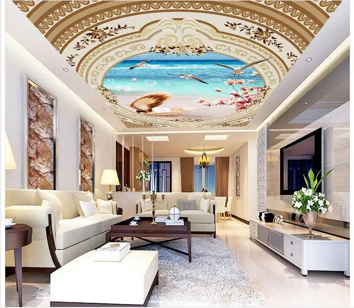 Пользовательские 3d обои потолочные фрески Zenith sea beach shell cherry blossom ocean condole top dceor |