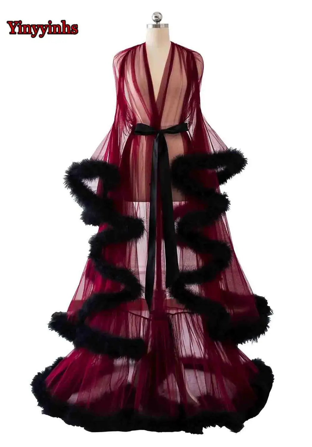burgundy-black Элегантное vestido de festa длинное вечернее платье v-образный вырез перо длинный рукав Тюль размера плюс вечерние платья для выпускного вечера Robe De Soiree - Цвет: burgundy-black