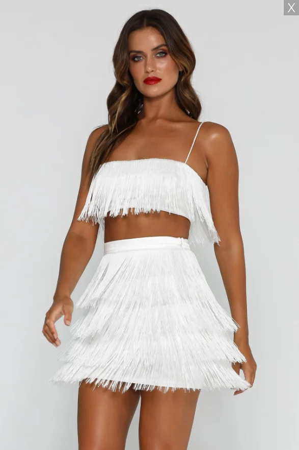 High Quality White Tassel 2 Pieces Set Bodycon Rayon Bandage Dress Fashion Mood Party | Женская одежда
