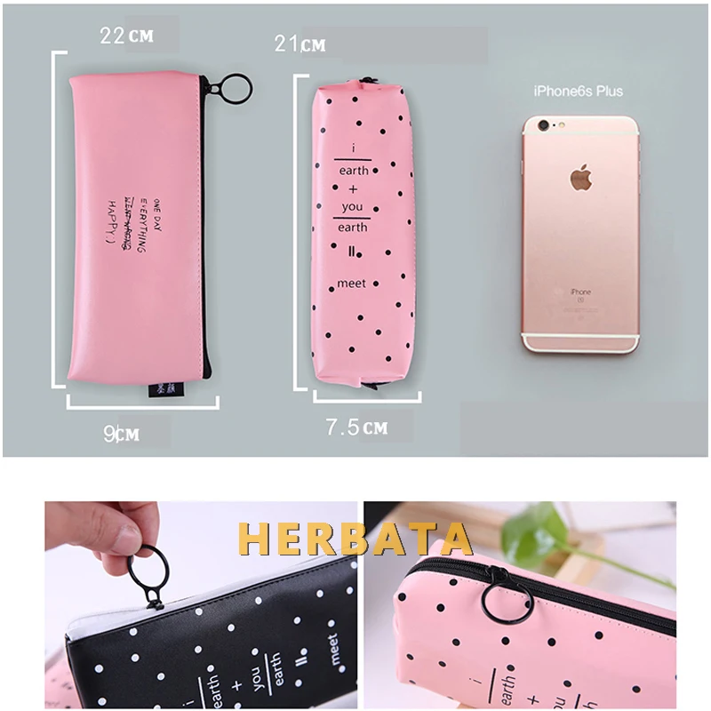 Милый розовый пенал для девочек кавайный черный белый горошек из искусственной