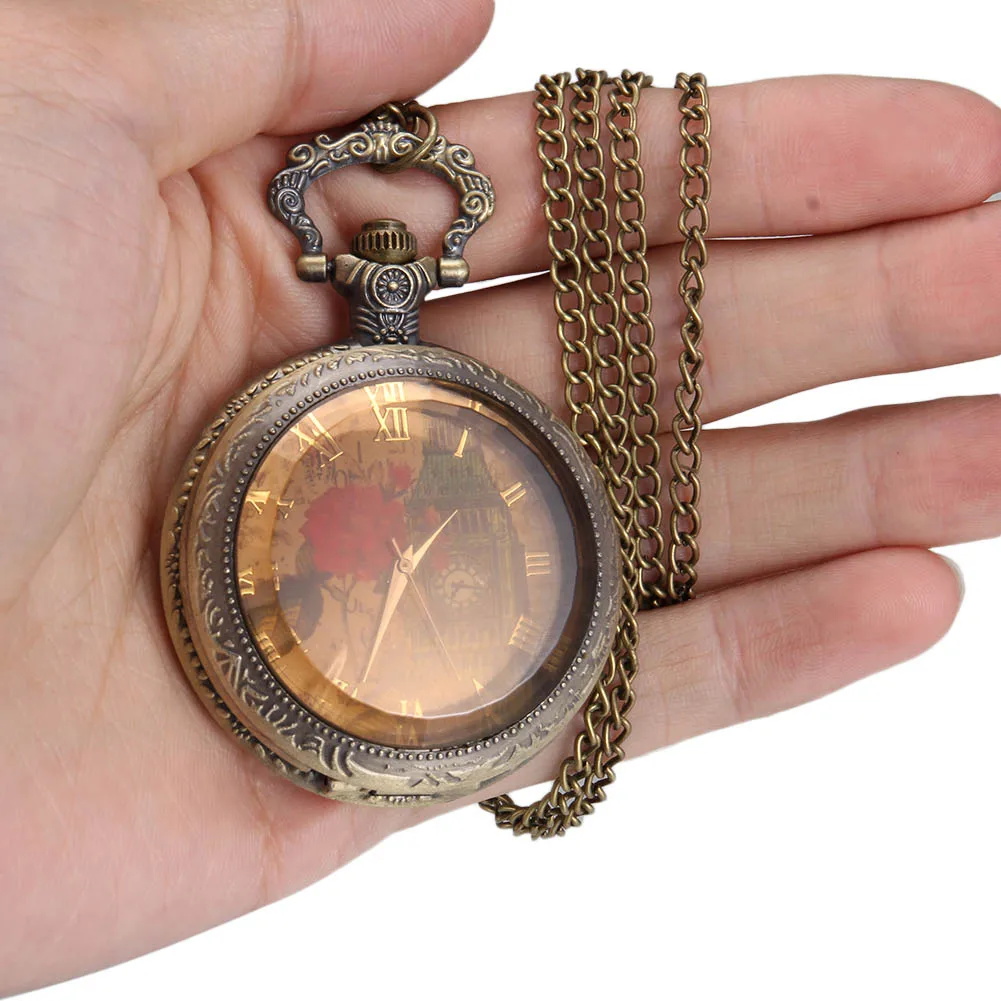 

Men Women Quartz Pocket Watch Retro Rose Big Ben Dial with Chain LXH