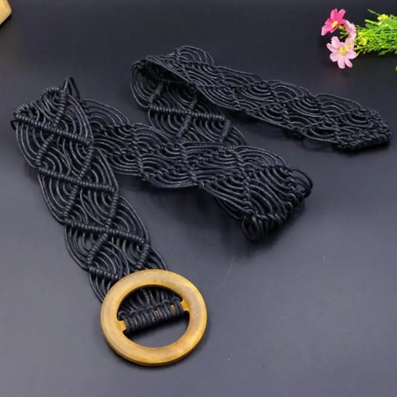 Женский трикотажный ремень в стиле бохо с круглой деревянной пряжкой простой