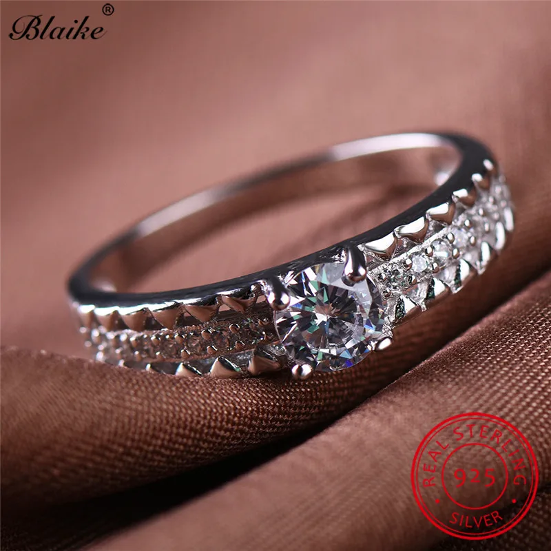 Blaike 925 Серебряные кольца для женщин круглый белый алмаз камень Обручальное