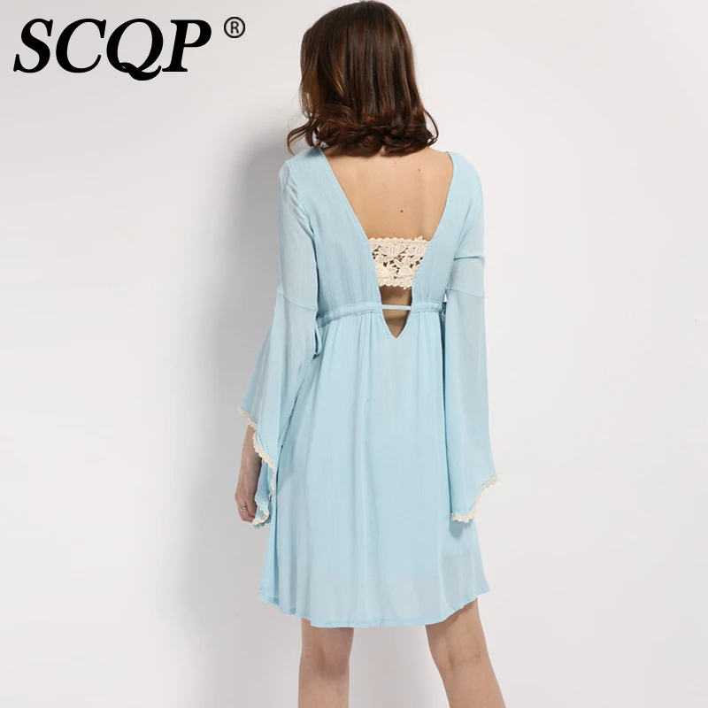 SCQP Вышивка Цветочные Лук Богемный Dress Flare Рукавом Дамы Спинки Автопортрет Мини Sexy