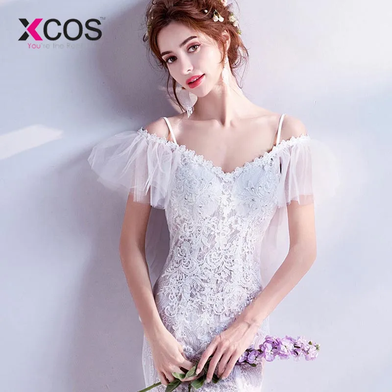 XCOS сексуальное Белое свадебное платье-Русалка 2018 настоящая цена кружевное