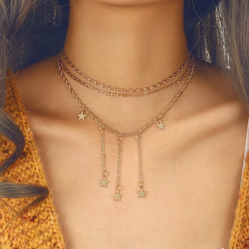 Bohemian Gold Color Cross Rose Star Pendant Necklace for Women Multi-layer Chain Choker Popular New jewelry Gift | Украшения и