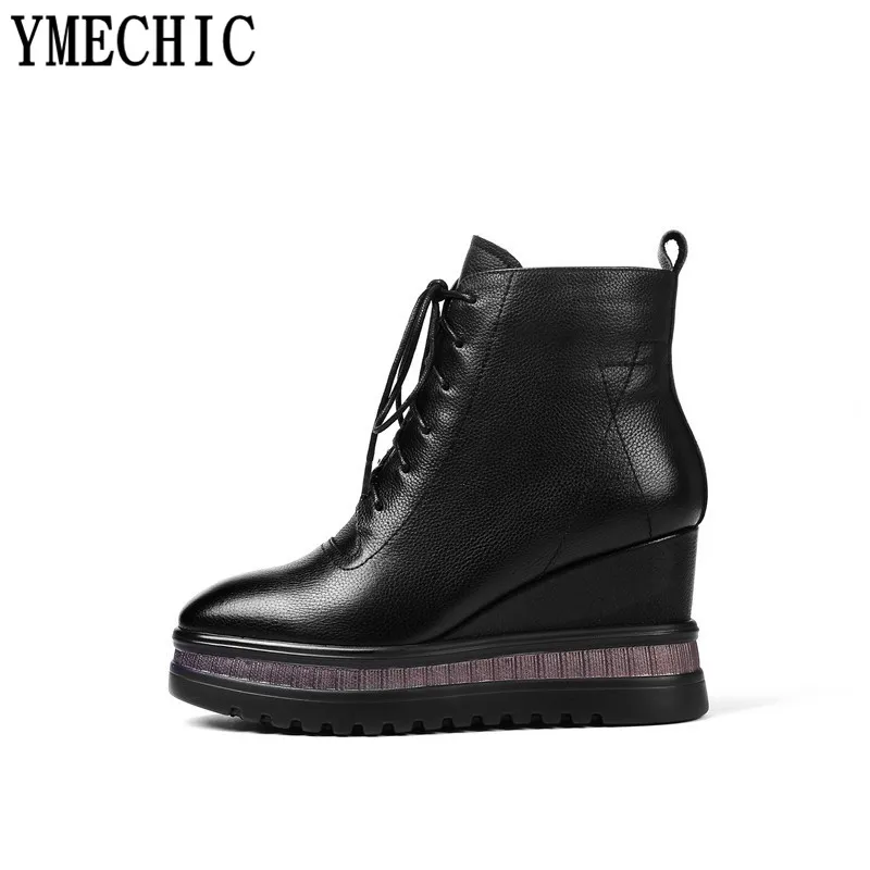 Женские ботильоны на шнуровке YMECHIC черные из натуральной бычьей кожи платформе