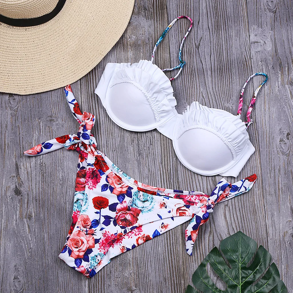 Комплект бикини с чашками пуш ап цветочный купальник оборками пикантный