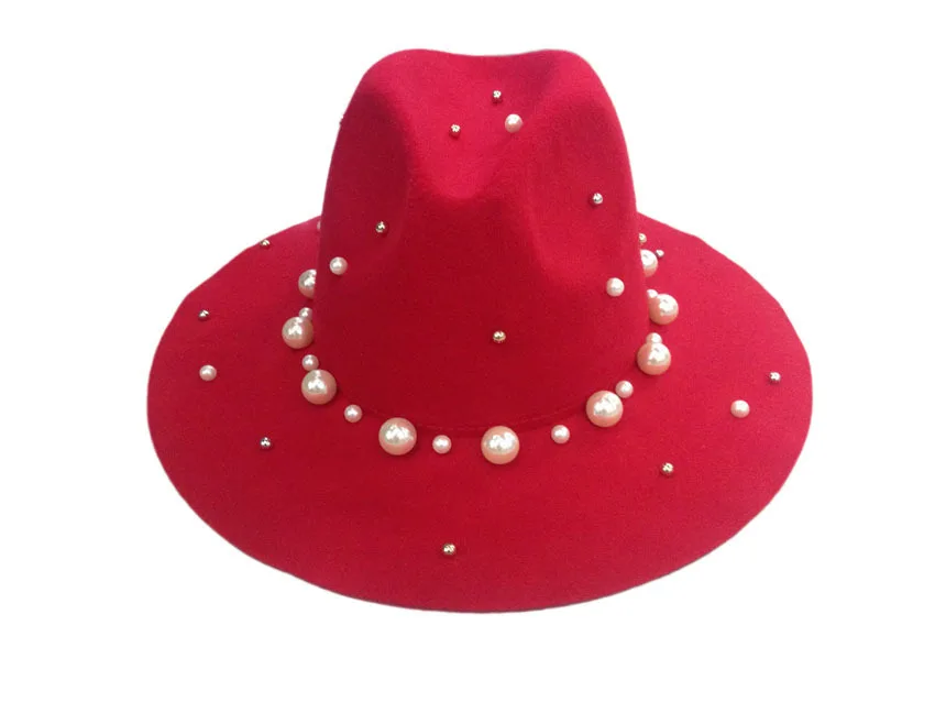 Red trilby hats Винтаж модные Шерстяные фетровой шляпе Для женщин бисера soild Джаз шапки осень/зима дамы Фетр Шапки fadora вводной Feutre yy0403 - Цвет: Red trilby hats