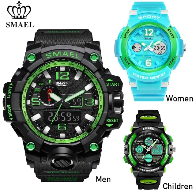 Green Blue Green SMAEL, Семейный комплект, спортивные часы, мужские, модные, роскошные, семейная посылка, часы, Повседневный, водонепроницаемый, светодиодный, цифровой, кварцевые, мужские, женские, наручные часы - Цвет: Green Blue Green