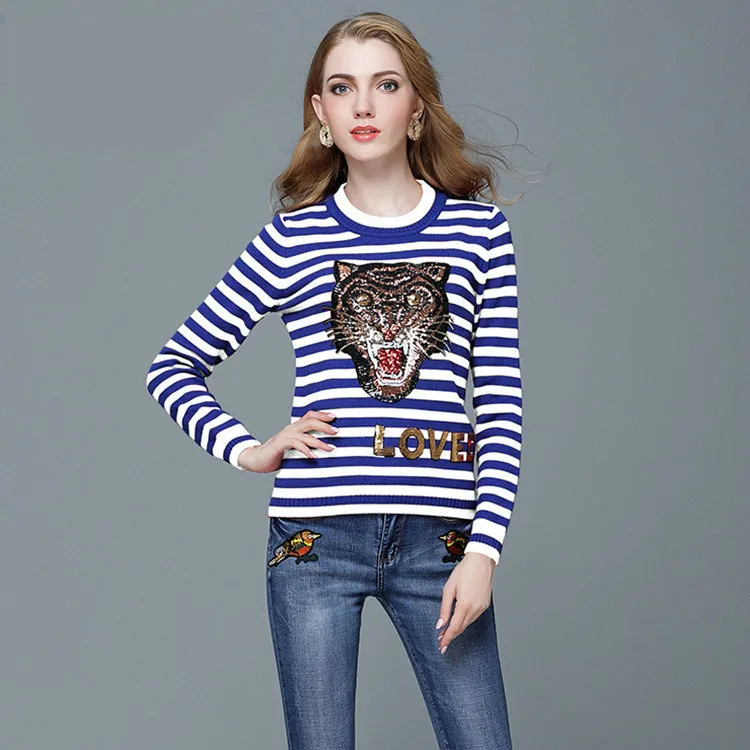 

2019 Jumper Feminino Tiger Head Paillette Embroidery Sweater Stripe Knitting Unlined Upper Garment Schoolgirl Tide