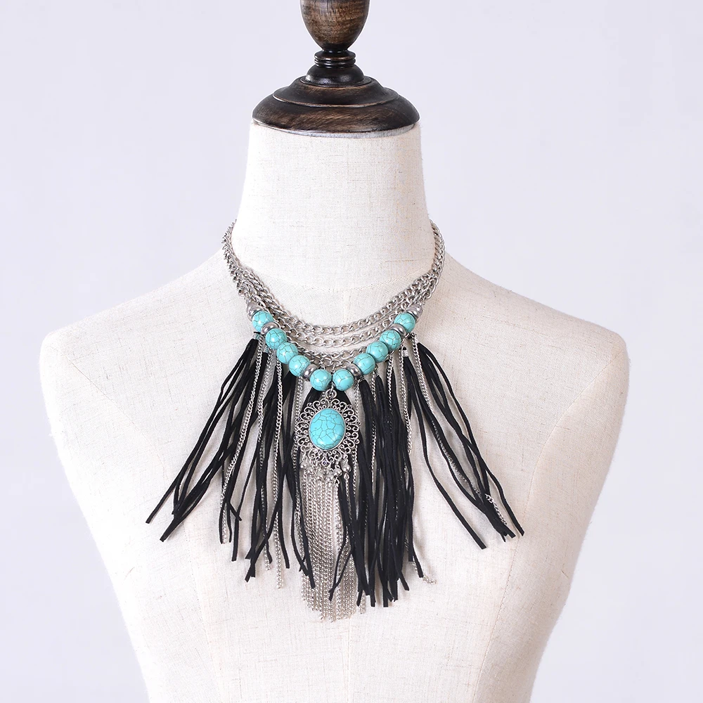 Ожерелье в стиле бохо винтажное серебряное драматическое длинное из замши с