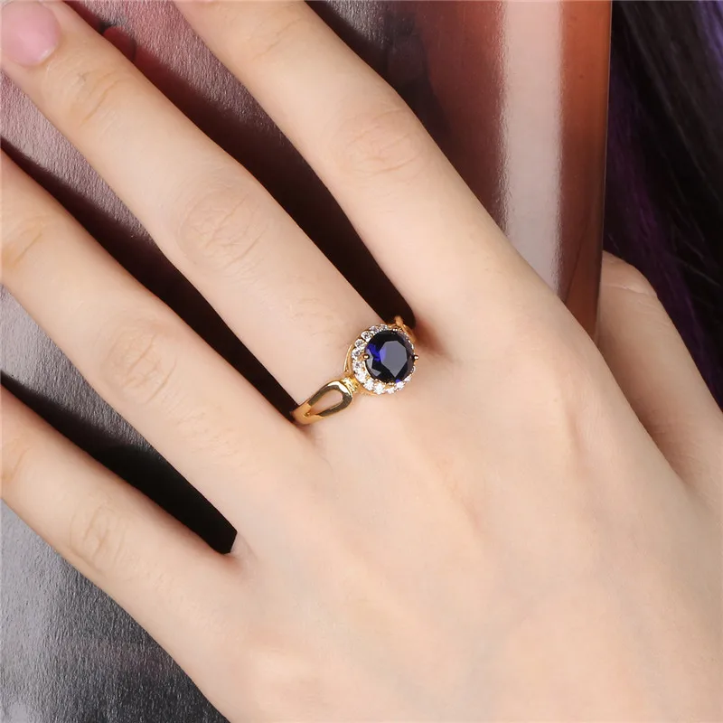 Женское кольцо на палец BUDONG с синим кристаллом и цирконием золотого цвета R329