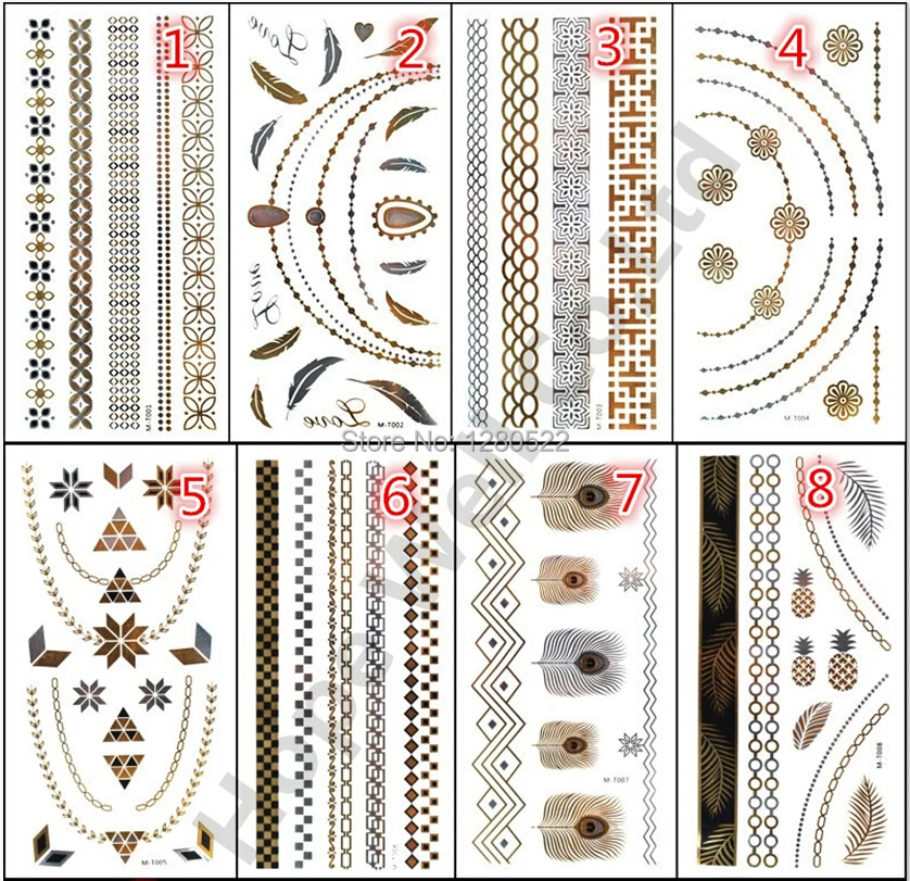 12 листов/партия татуировки Временные металлические золотистые/Серебристые |